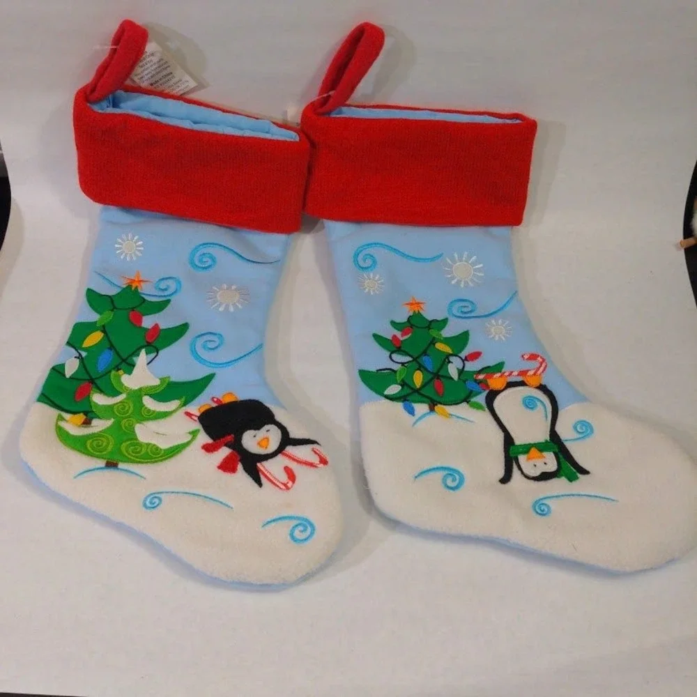 Hobby Lobby Set of 2 Penguin Christmas Stockings Blue Red Whimsical 2012 NWT